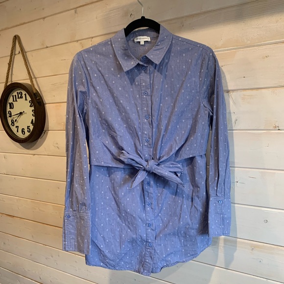 Warehouse | Blue Button Down Shirt w Front Tie - Picture 1 of 8